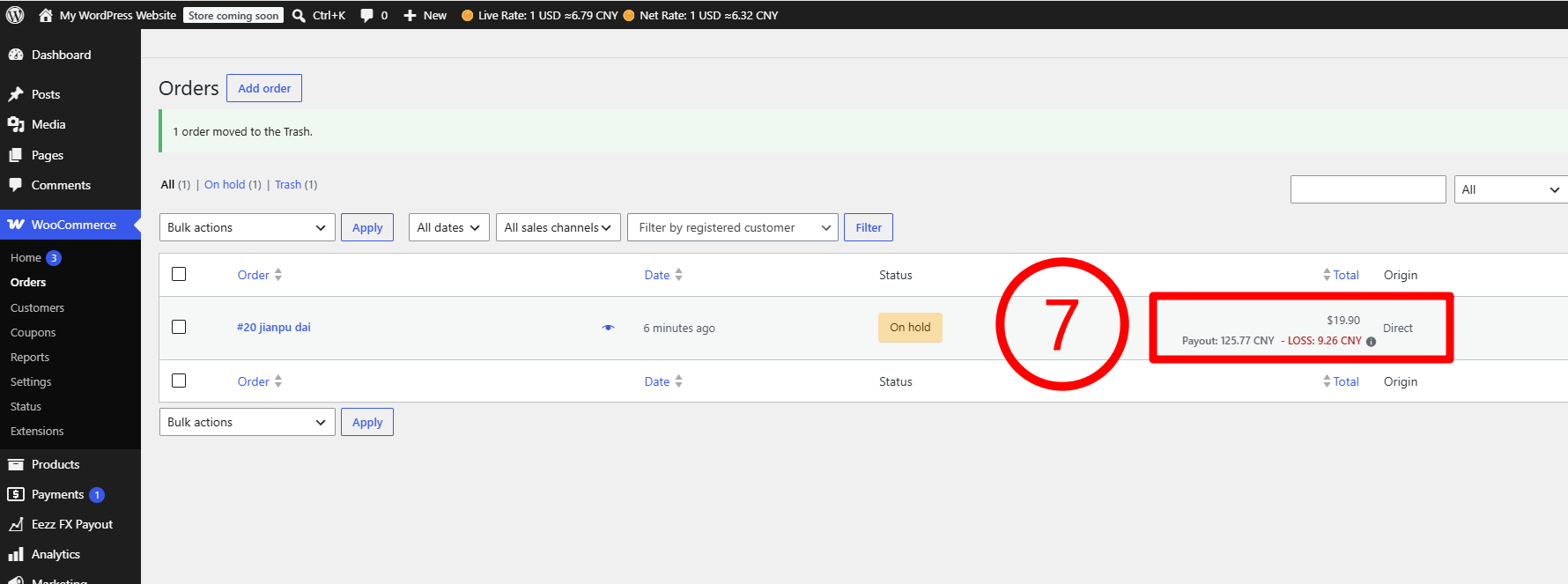 WooCommerce orders list showing converted amounts and estimated payout loss.