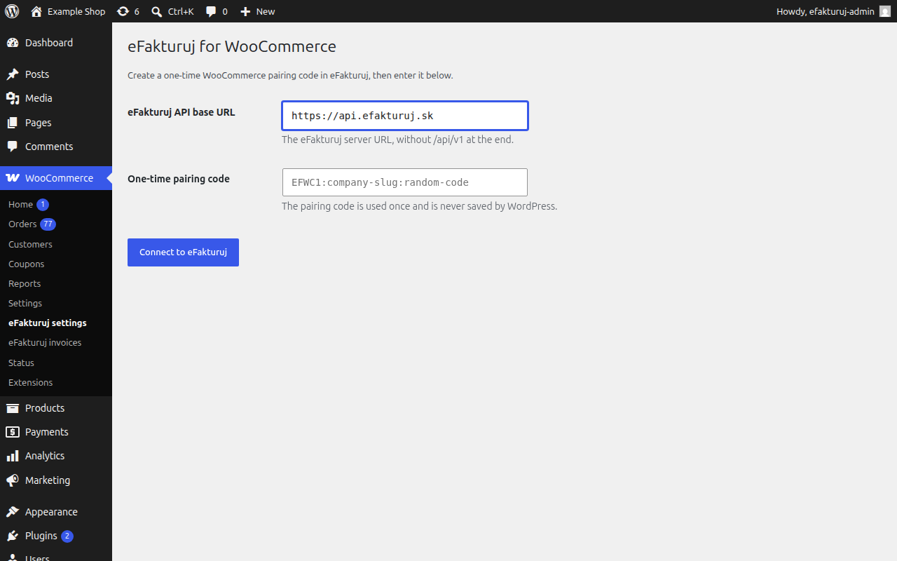 Pairing a WooCommerce store to an eFakturuj company with a one-time code.