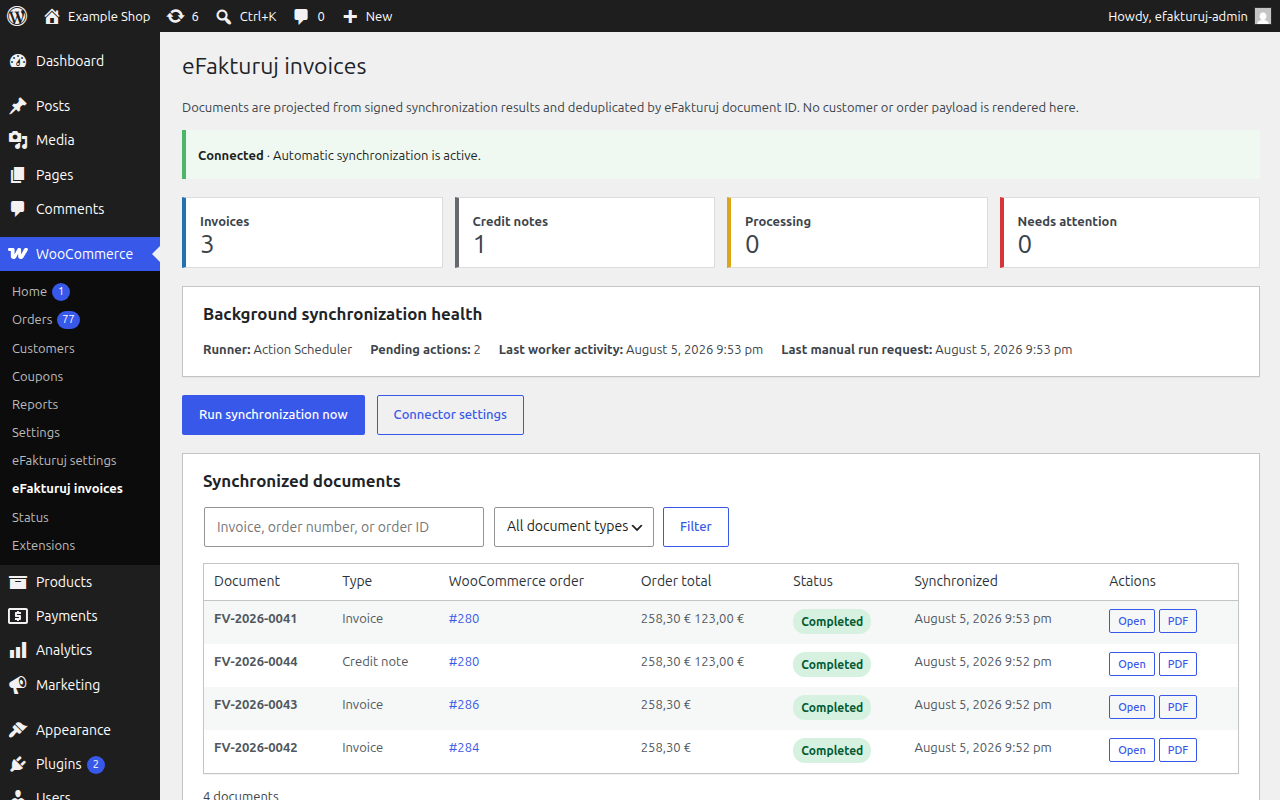 The eFakturuj invoices workspace: documents, search, filters, and totals.
