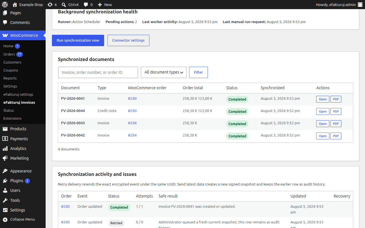 Background synchronization health with the Action Scheduler status and Run now.