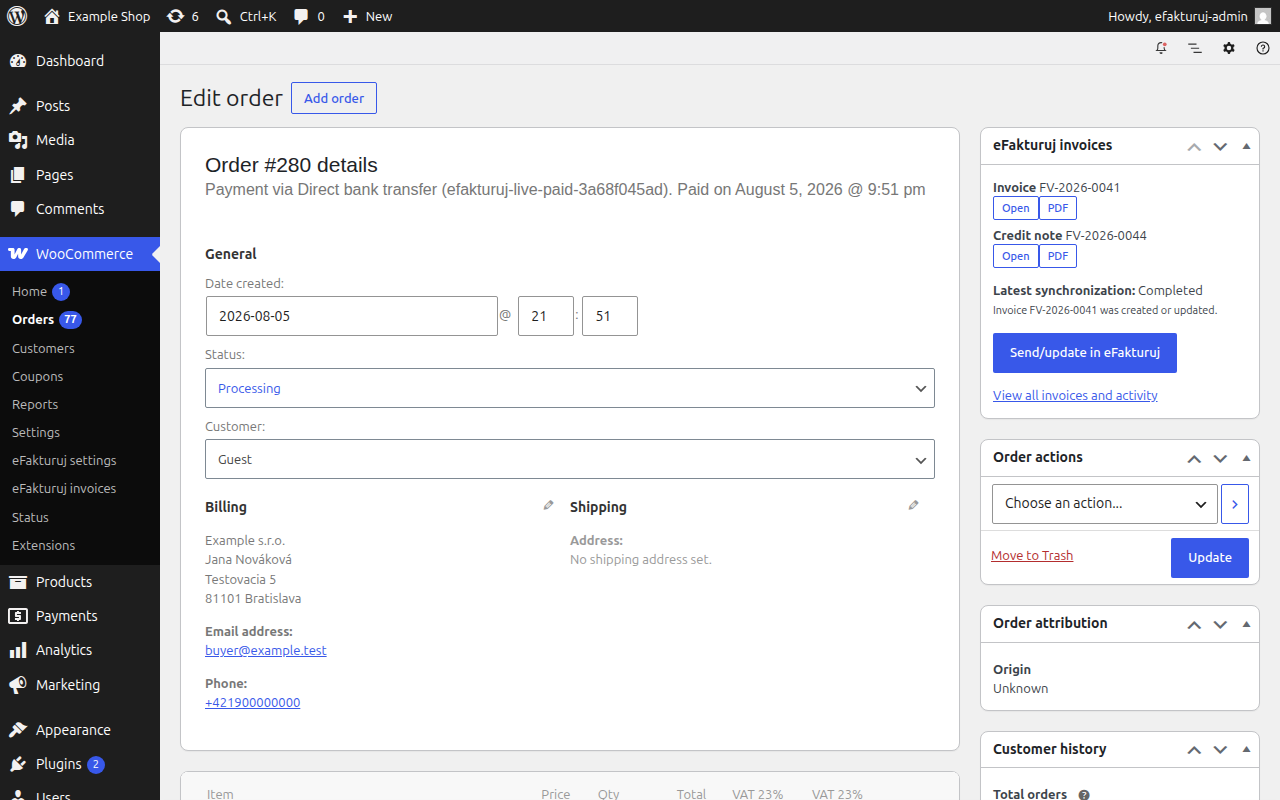 The eFakturuj card on a WooCommerce order, with authenticated Open and PDF links.