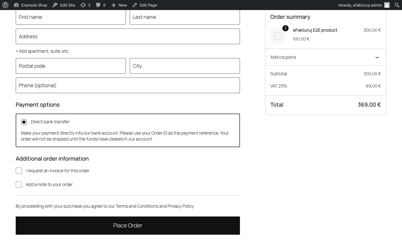 The invoice-request checkbox added to checkout.
