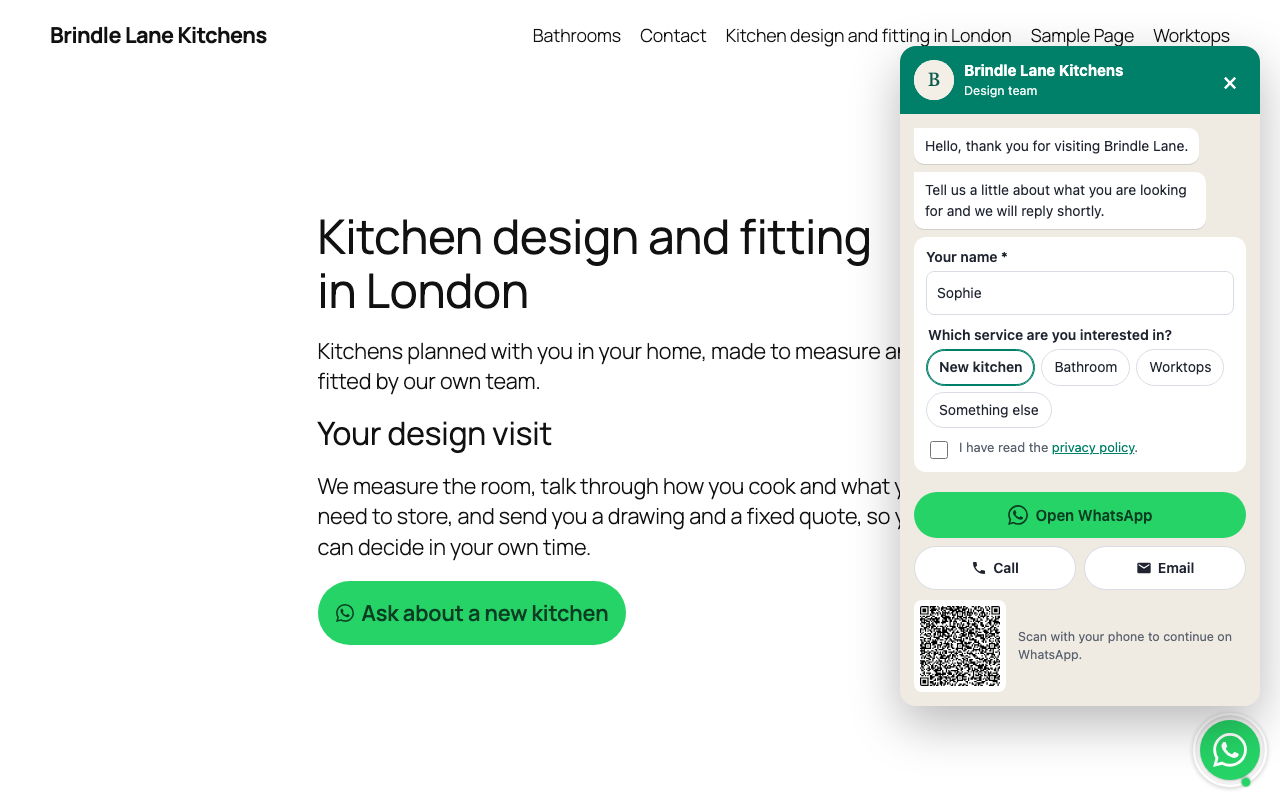 The chat window on a desktop site: greeting, two questions, a consent checkbox, WhatsApp, call and email buttons, and a QR code to continue on the phone.