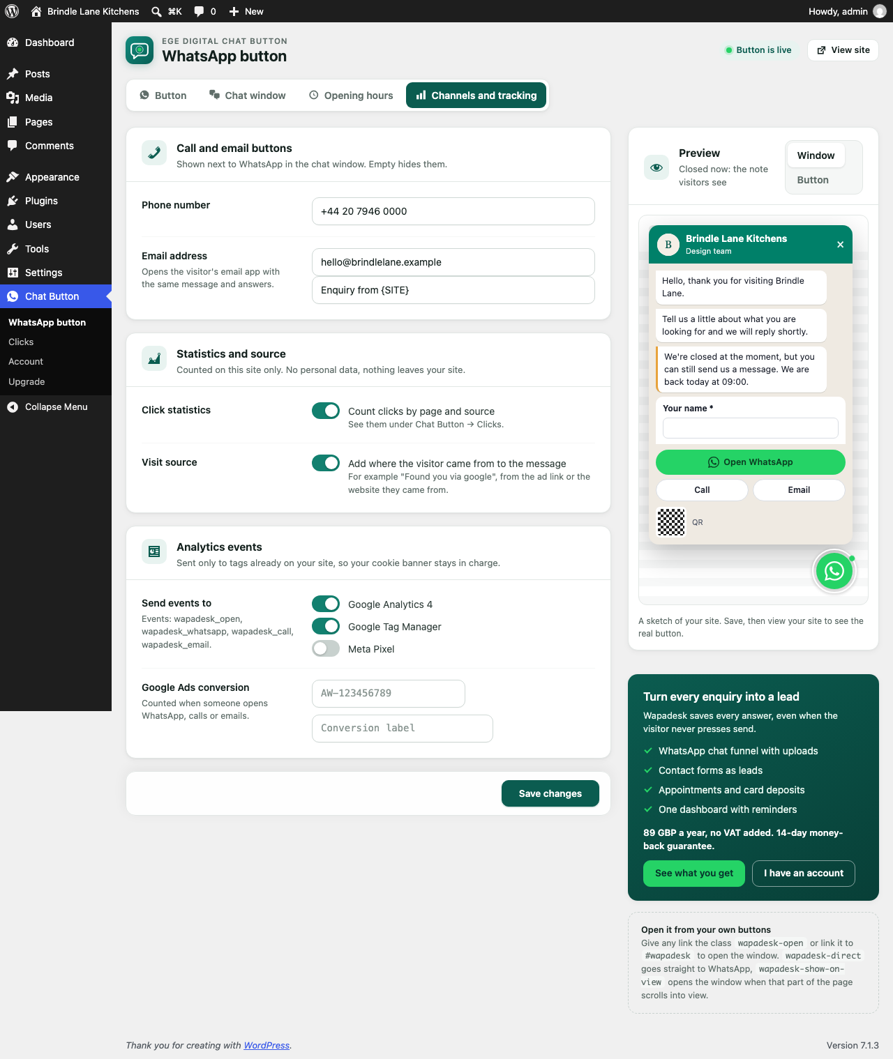 Call and email buttons, the visit source, click statistics and analytics events.