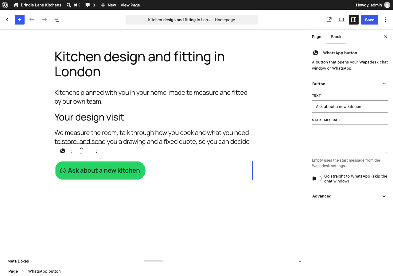 The "WhatsApp button" block in the block editor.