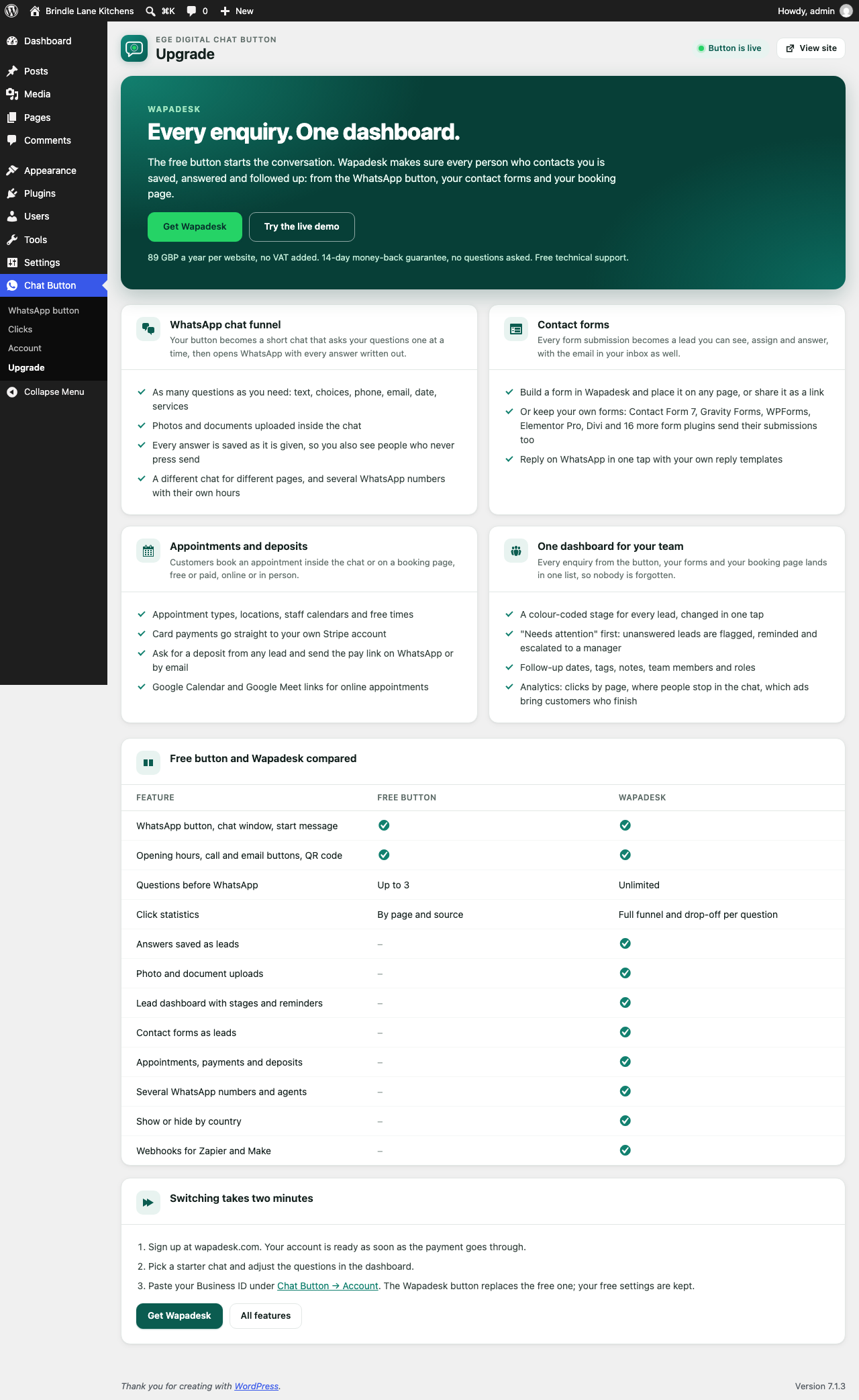 What a Wapadesk account adds: chat funnel, contact forms, appointments and one dashboard.