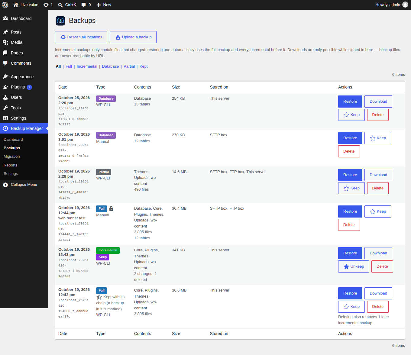 Backup list with full, incremental, database and partial backups.