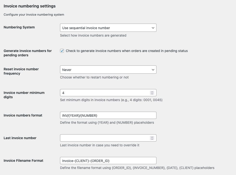 Invoice numbering setup