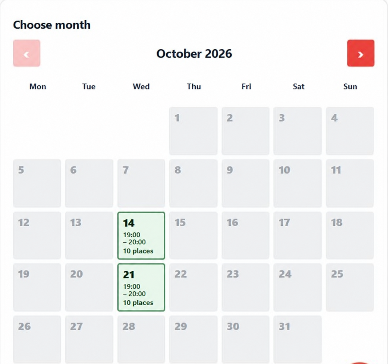 Visual booking calendar with remaining places, shown in Greek.