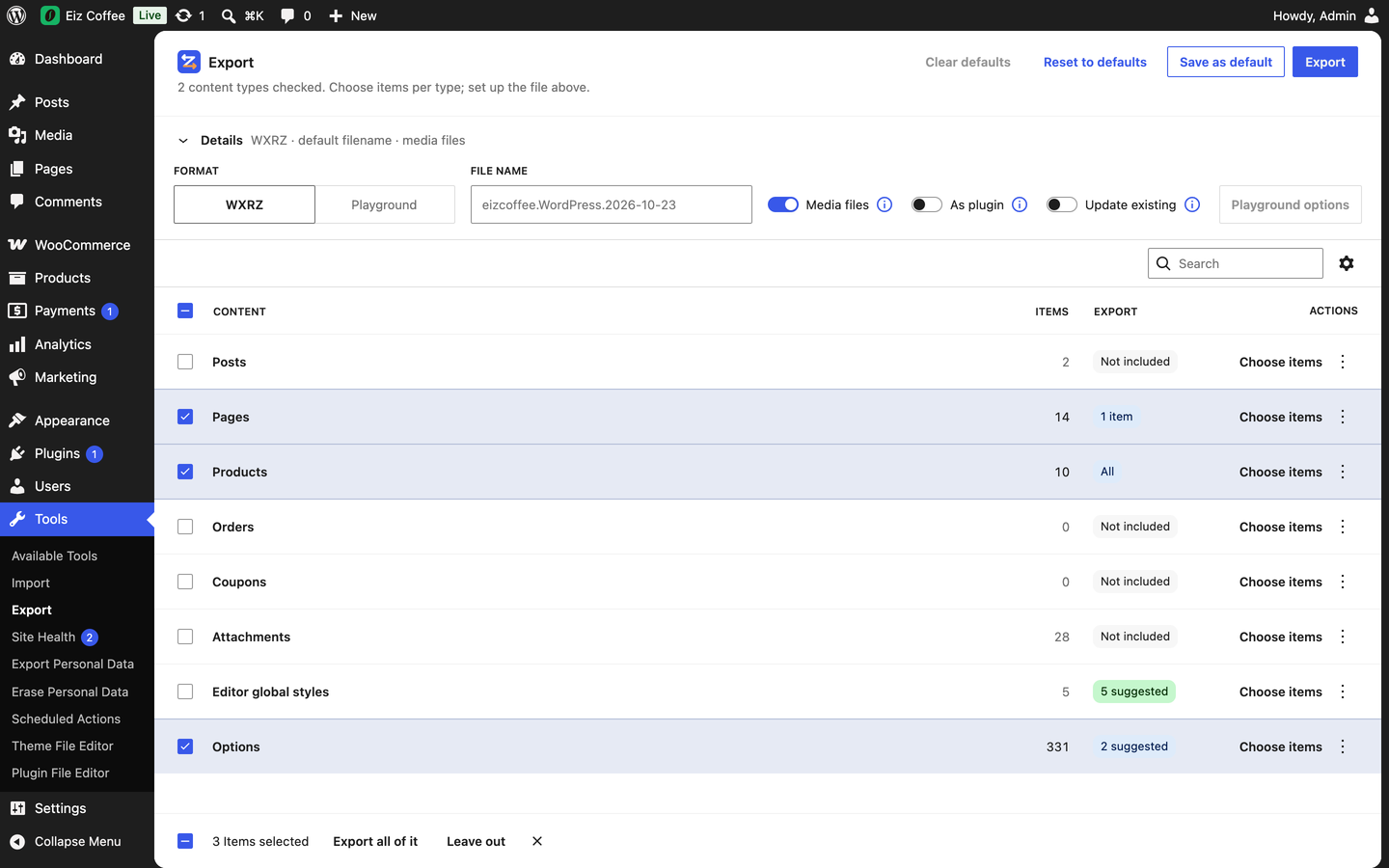 Tools → Export: choose content types or exact items; the products and settings they use are suggested.