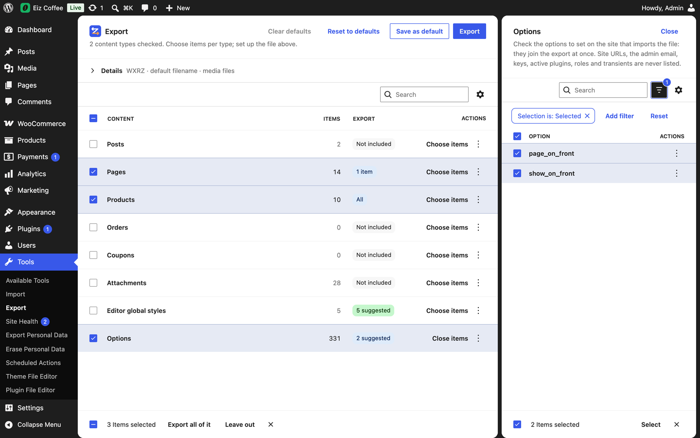 Settings travel too: the ones your pages point to are suggested; add any other one by one.