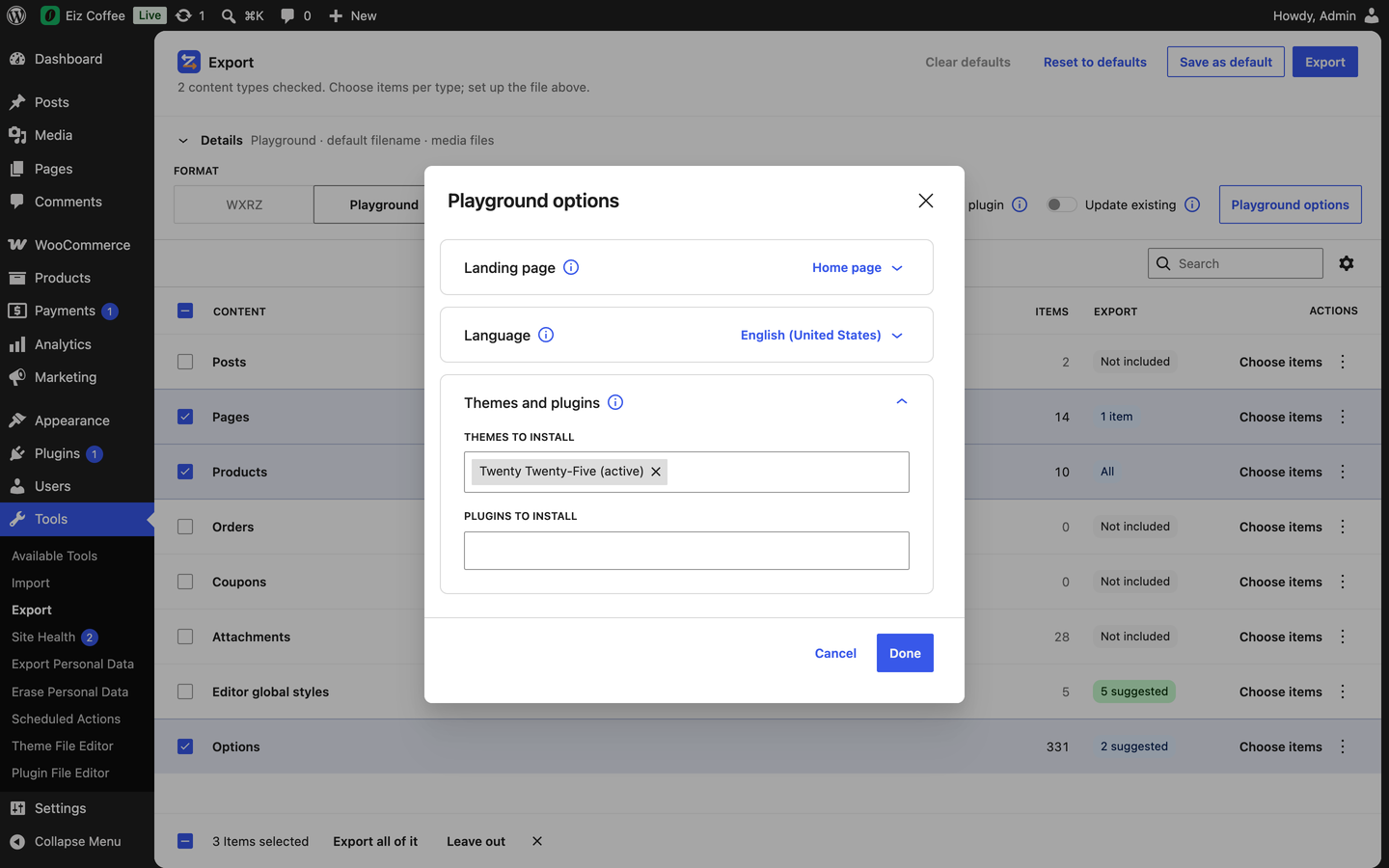 Export a WordPress Playground .zip with the theme and plugins you choose.