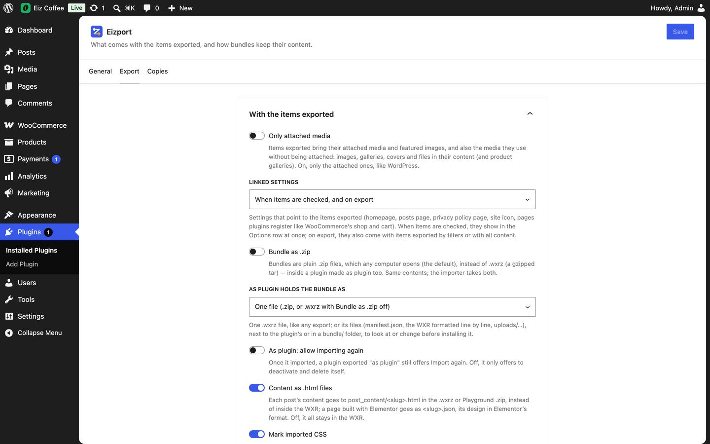 Set it once: media, linked settings, .zip bundles and saved defaults.