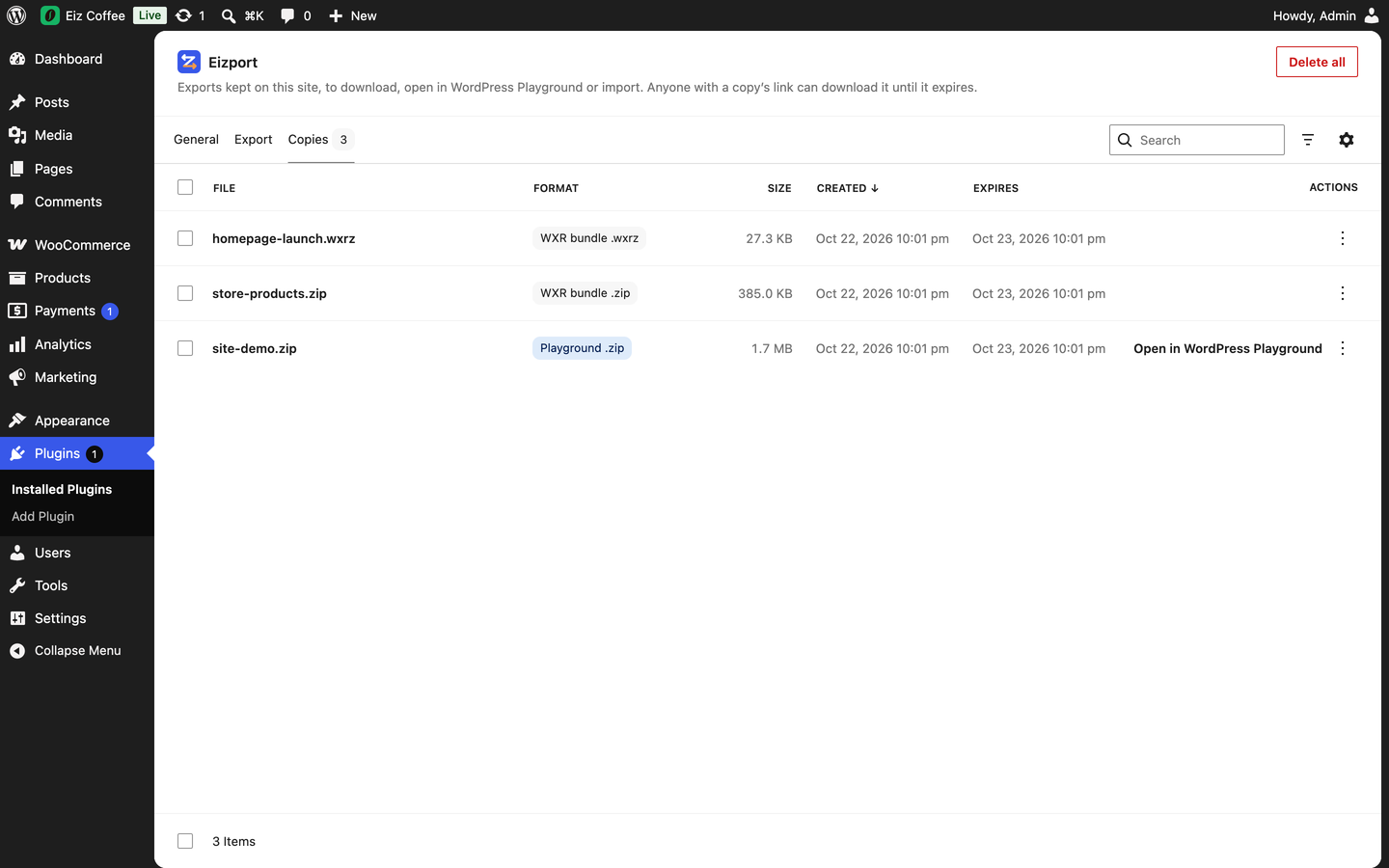 Every export is kept as a private copy for a while: download it again, open it in Playground or import it.