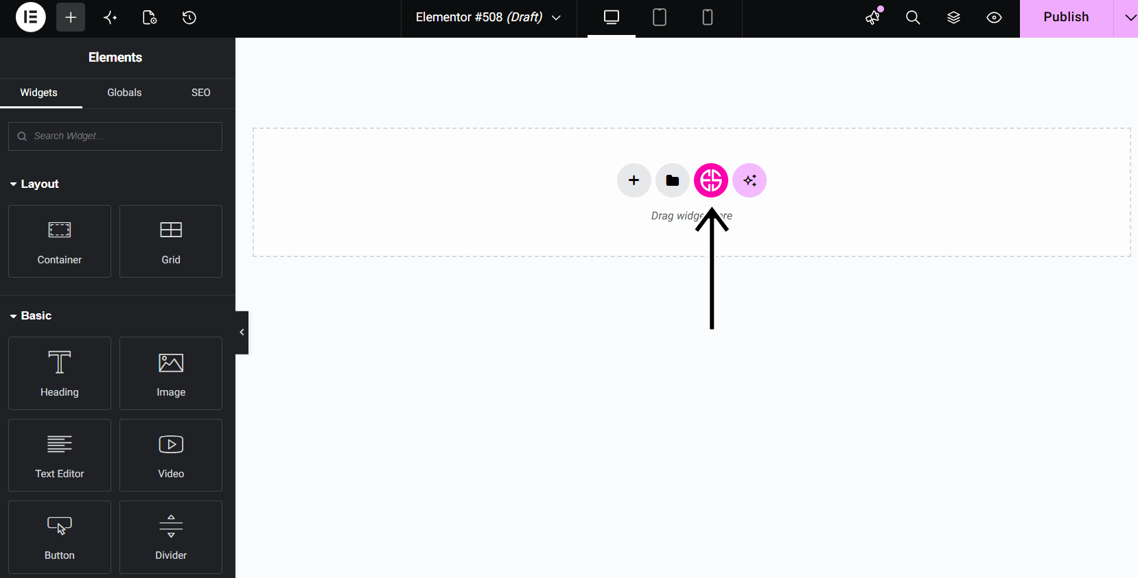 Elementor Canvas Button: The custom Shogun Cloud button integrates seamlessly into the Elementor section creation area.