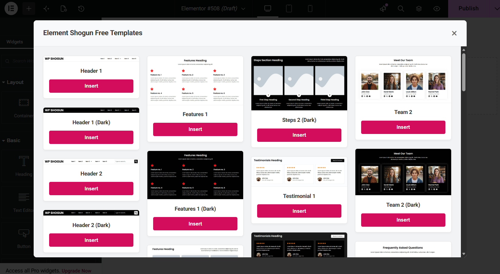 In-Editor Modal: Select and insert any template directly onto your active Elementor canvas with a single click.
