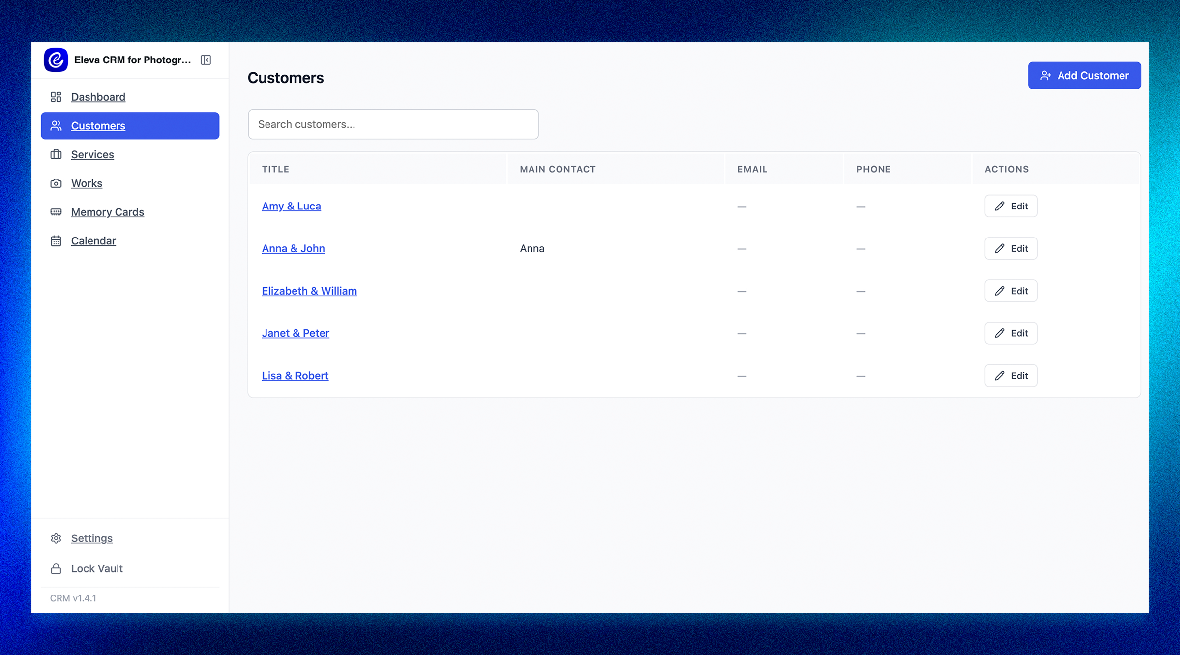 Customer list with search: name, main contact, email, and phone at a glance