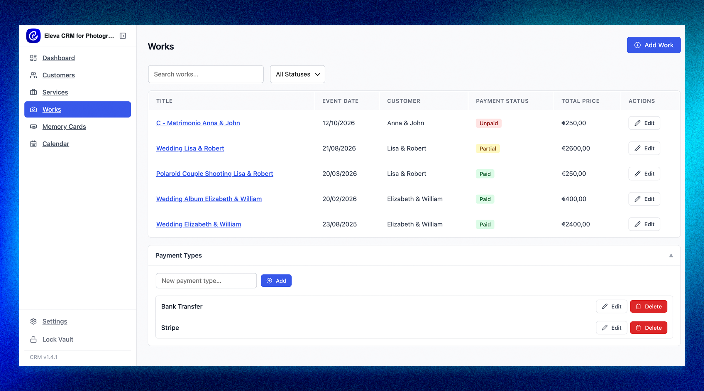 Works list with a payment status filter (All, Paid, Partial, Unpaid), a total price column, and the custom Payment Types manager open below it