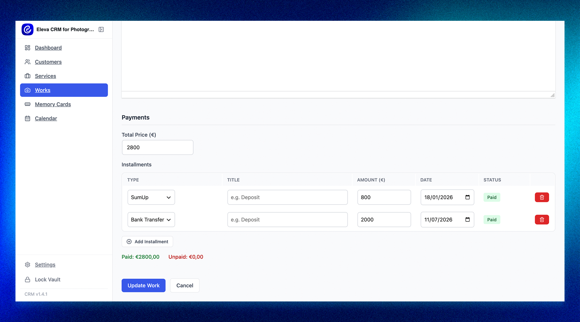 Work edit form: payment section with installments, paid or unpaid status per installment, and running totals