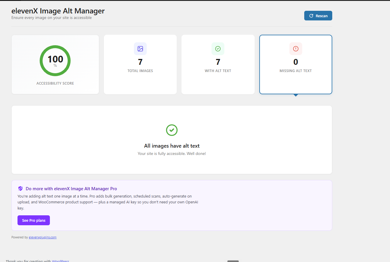 Dashboard — your site's accessibility score, with totals for images that have and are missing alt text.