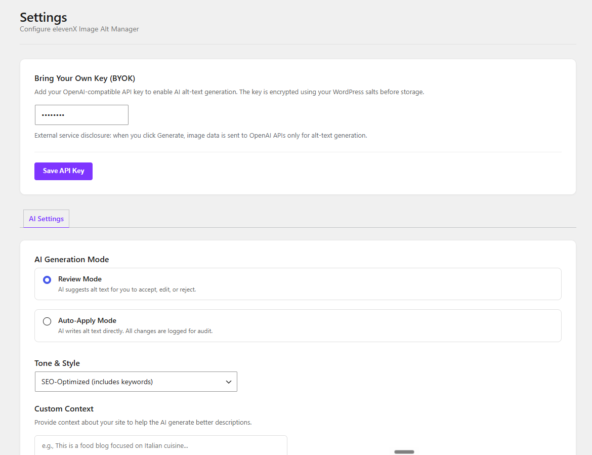 Settings — add your OpenAI API key and choose Review or Auto-Apply mode.