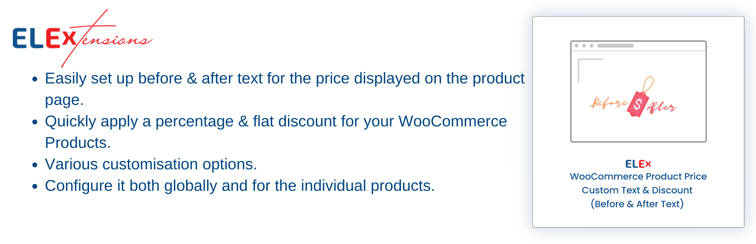 WordPress 外掛 ELEX WooCommerce Product Price Custom Text (Before & After Text) and Discount 的封面圖片。