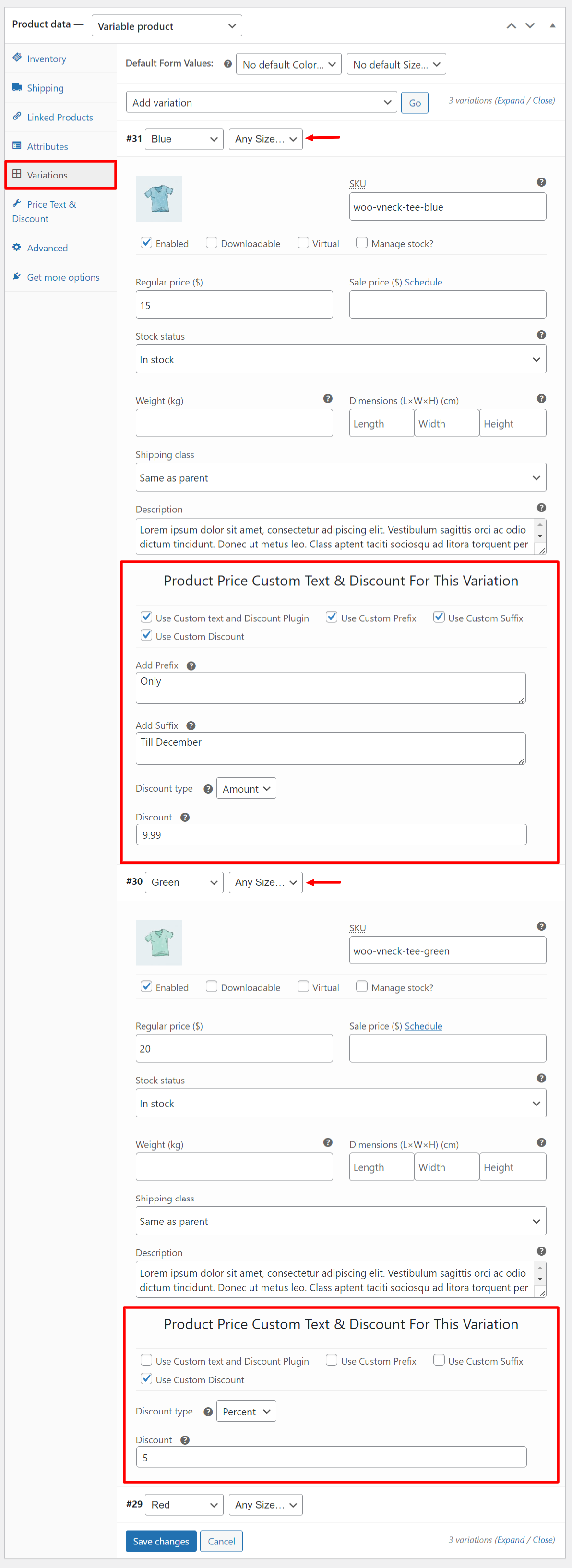 Setting Different Discounts for Variable Products on Individual Product Level