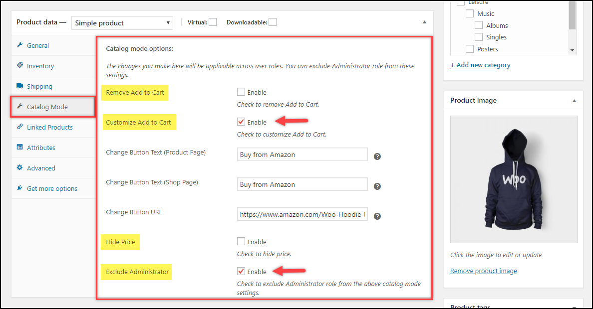 Individual Product Catalog Settings.