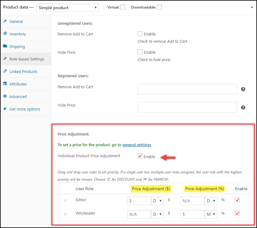 Price Adjustments Product Settings.