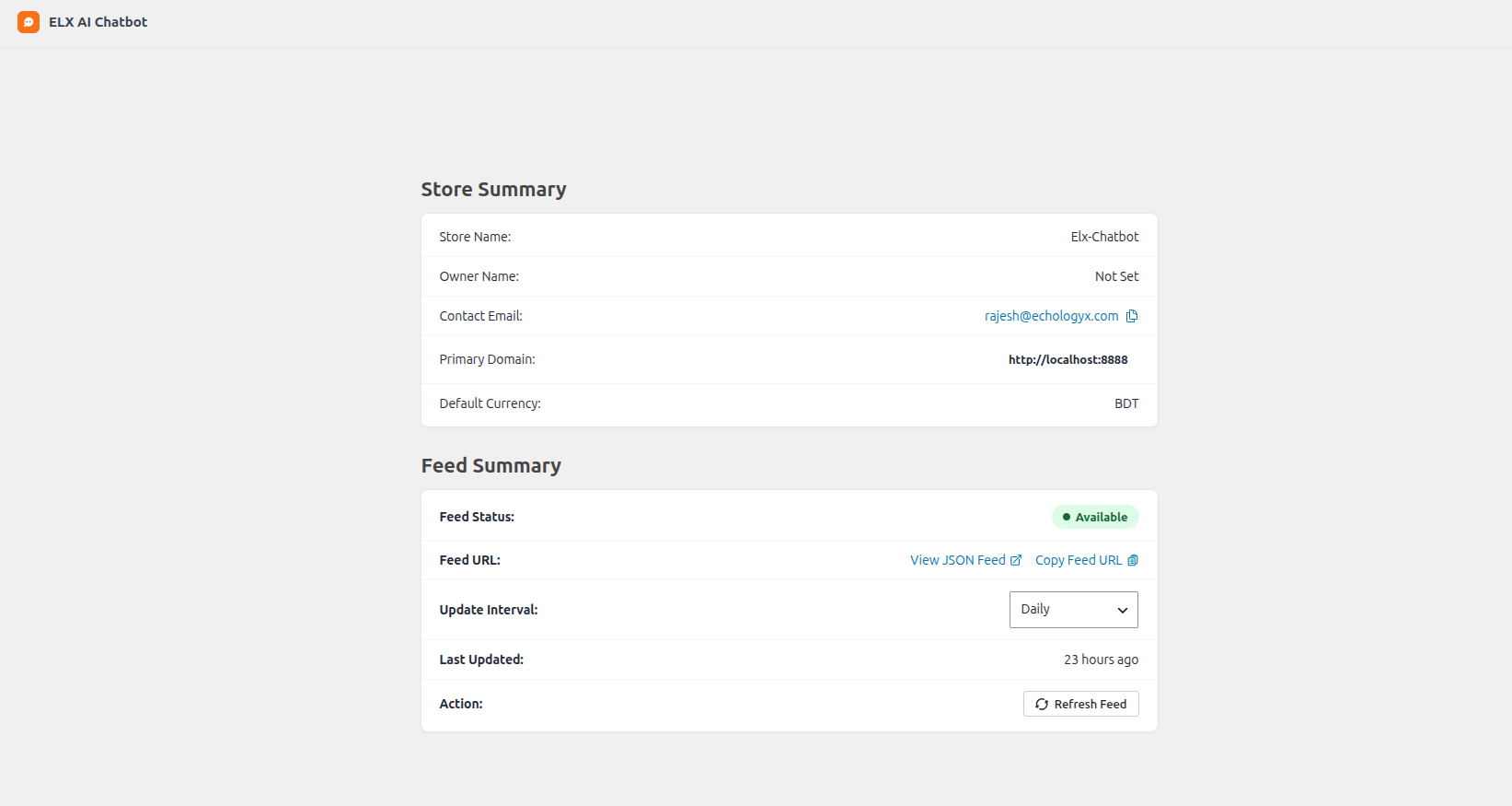 ELX Chatbot connection settings page.