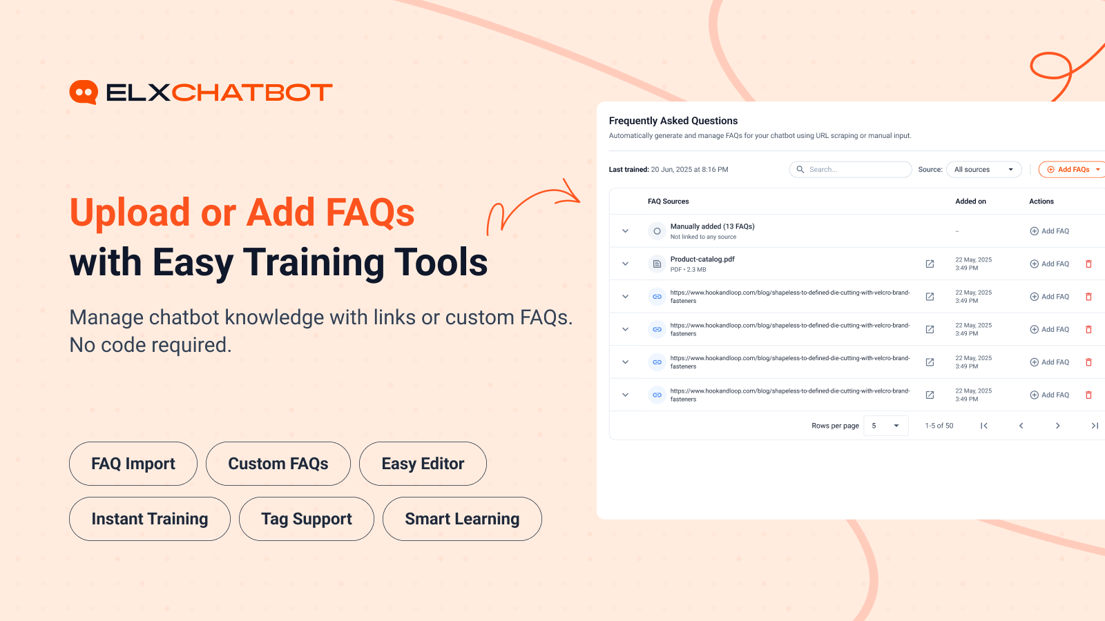 FAQ training tools — upload PDFs, add custom FAQs, or scrape website URLs.