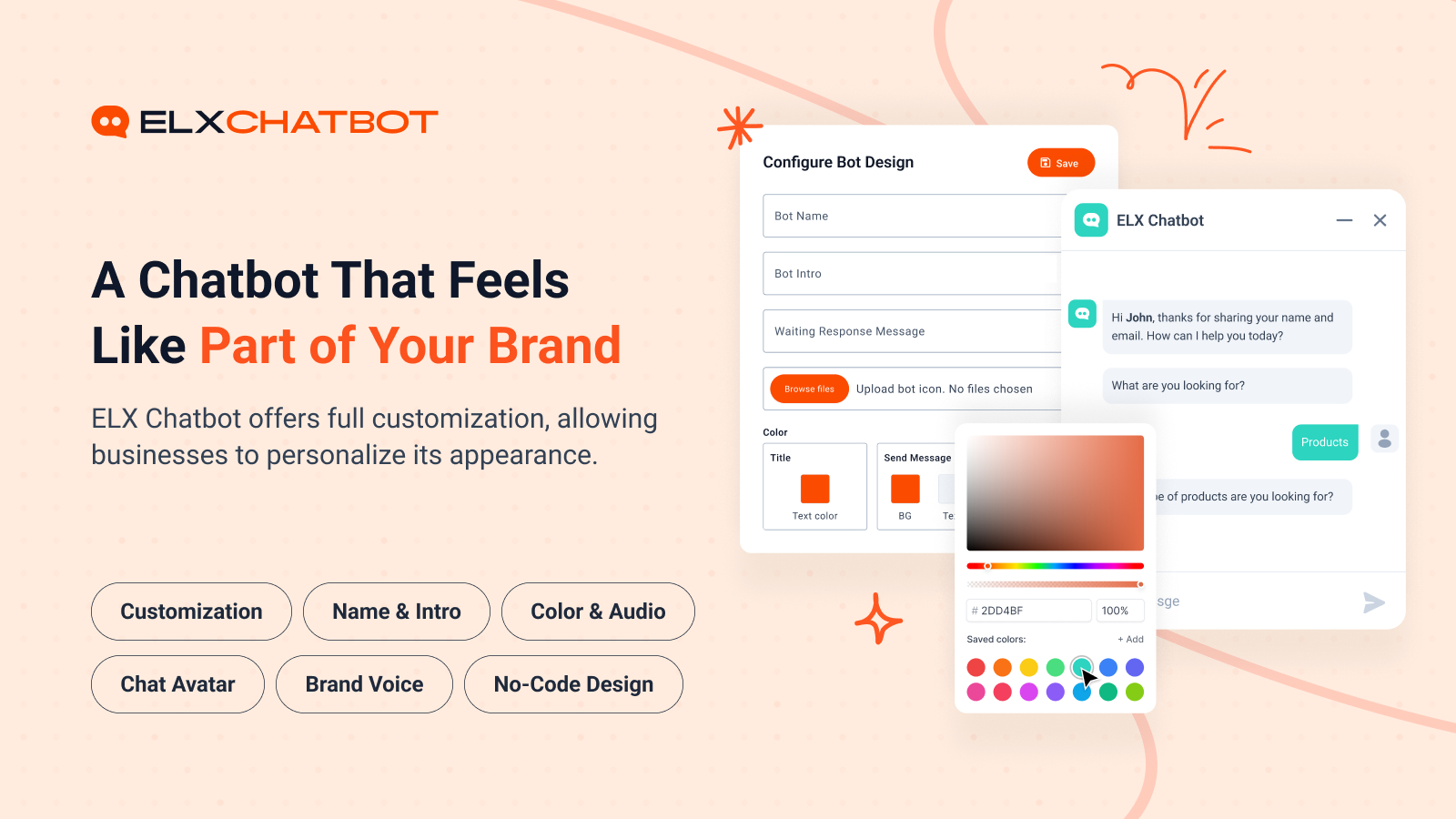 Bot design customization with brand colors, name, intro, and live preview.