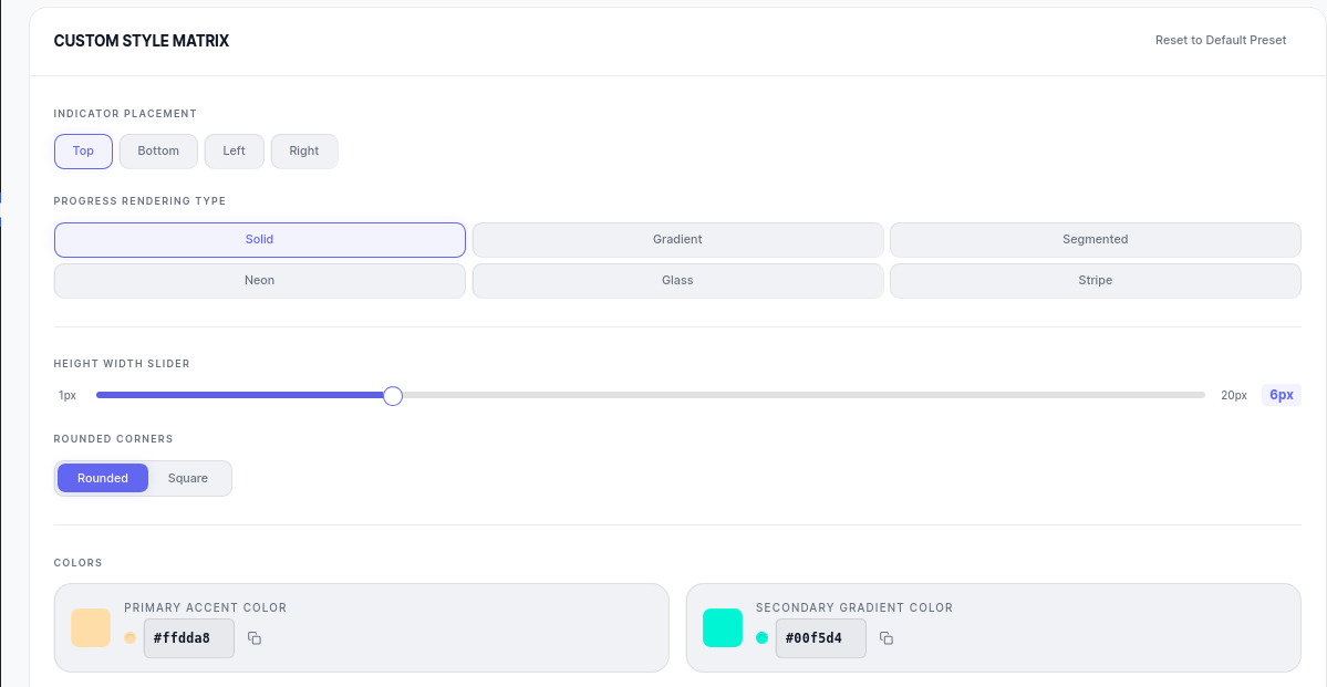 Custom Style Matrix for placement, rendering styles, colors, sizing, and appearance.