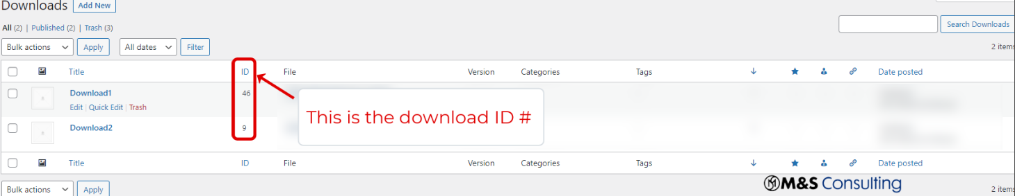 Note the ID of a file you have uploaded to Download Monitor.
