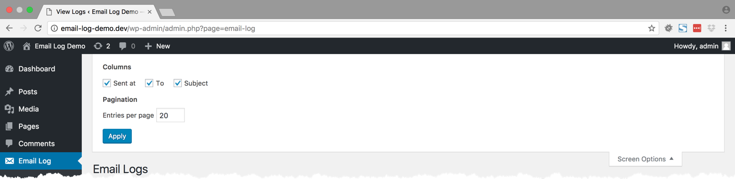 <p>This screenshot shows how you can configure the email display screen. You can choose the fields and the number of emails per page</p>