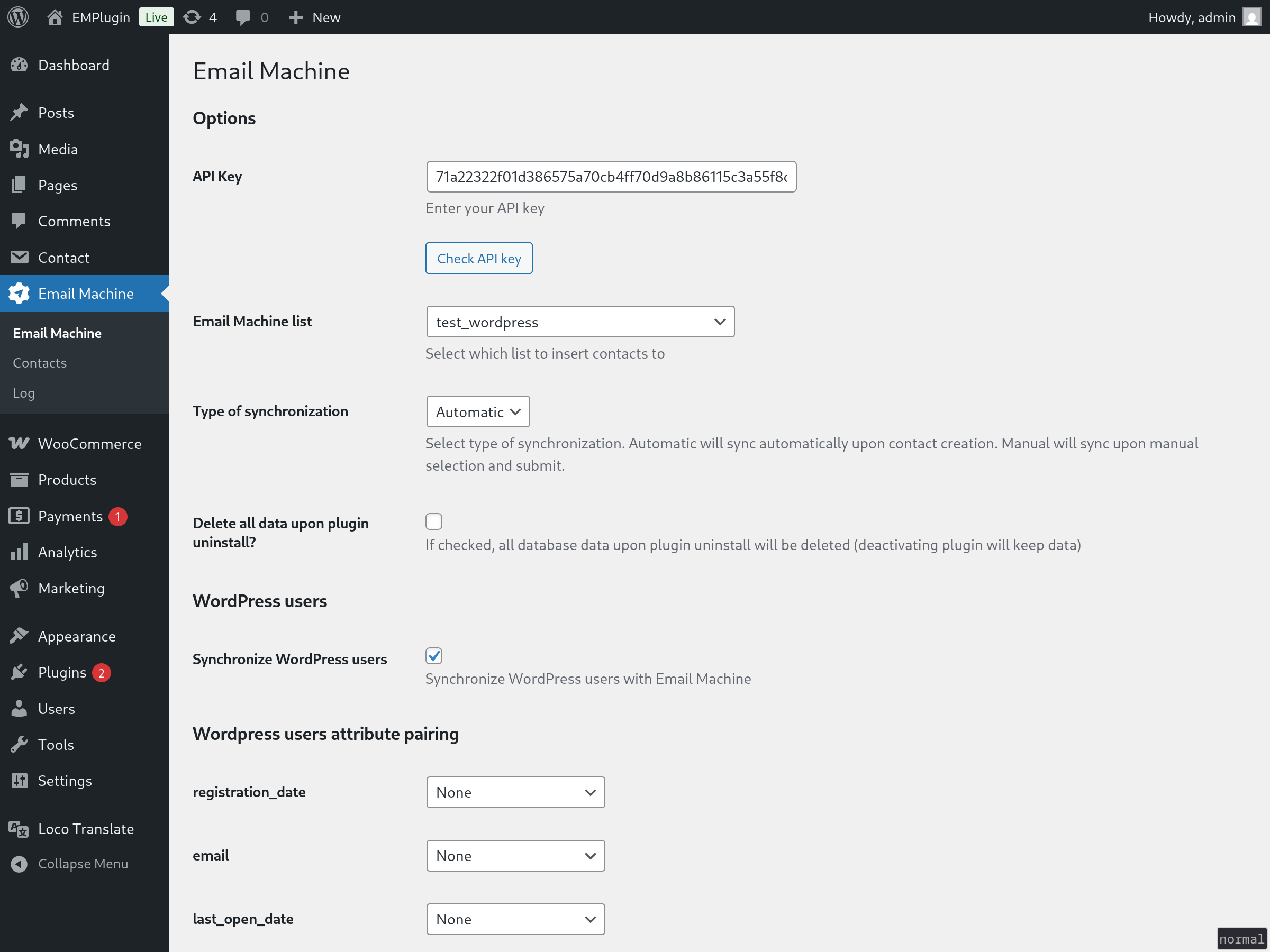 Settings page