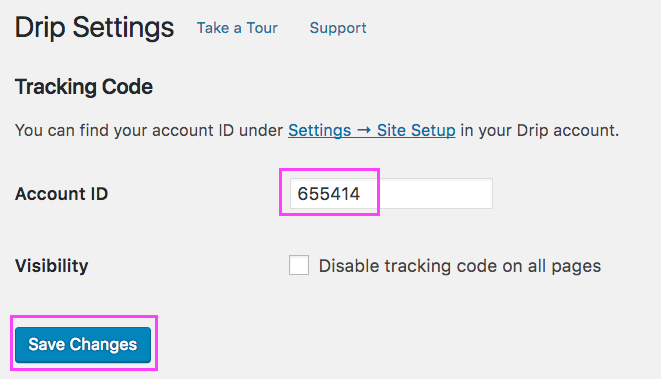 The Drip plugin settings page