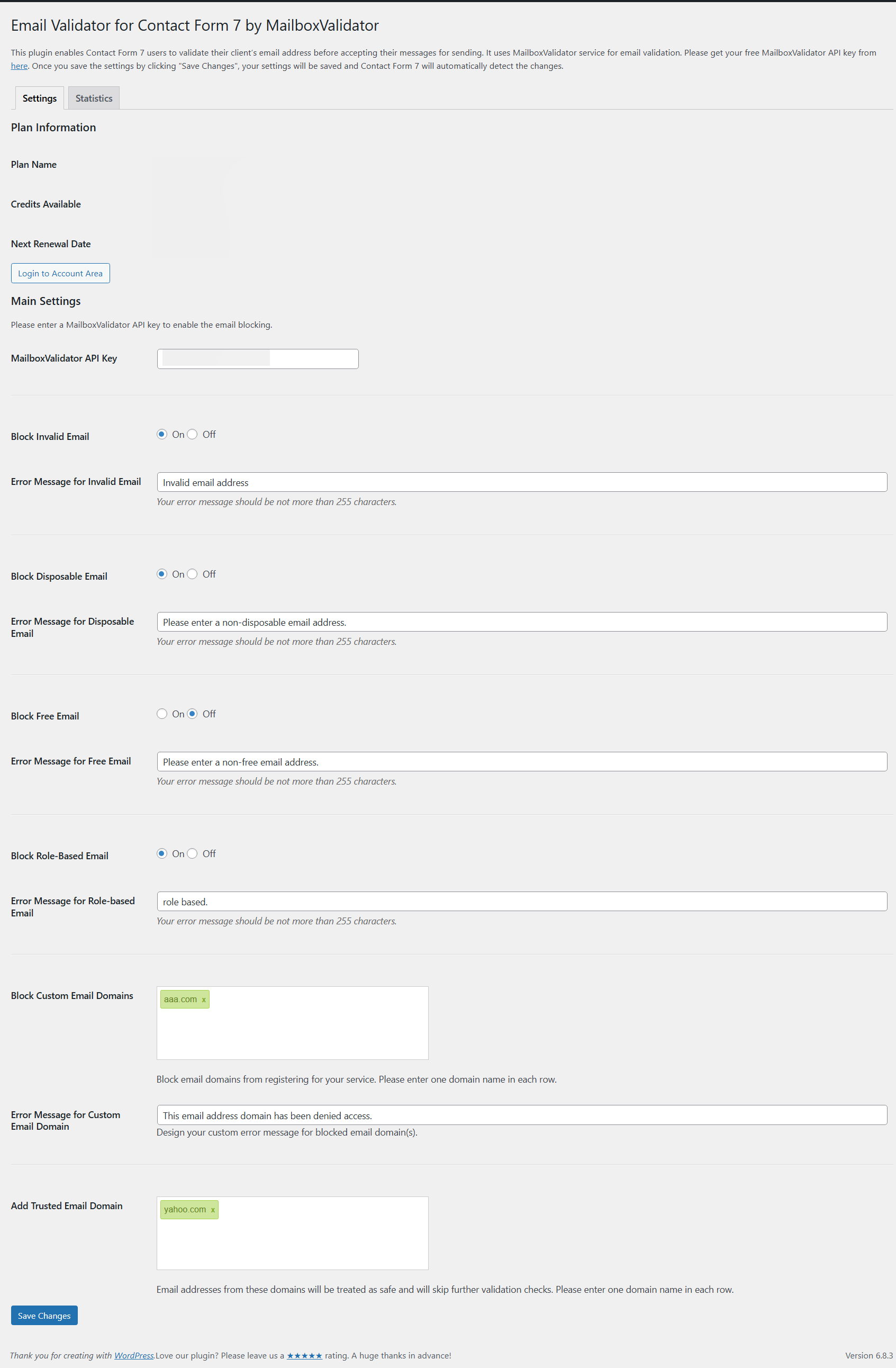 Setting page for Email Validator for Contact Form 7. At here you can add your MailboxValidator API Key, switch on or off the disposable or free email validator, and edit the custom error messages.