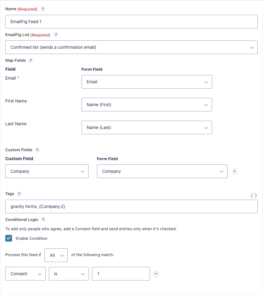 A feed: choose a list, map fields, add tags.