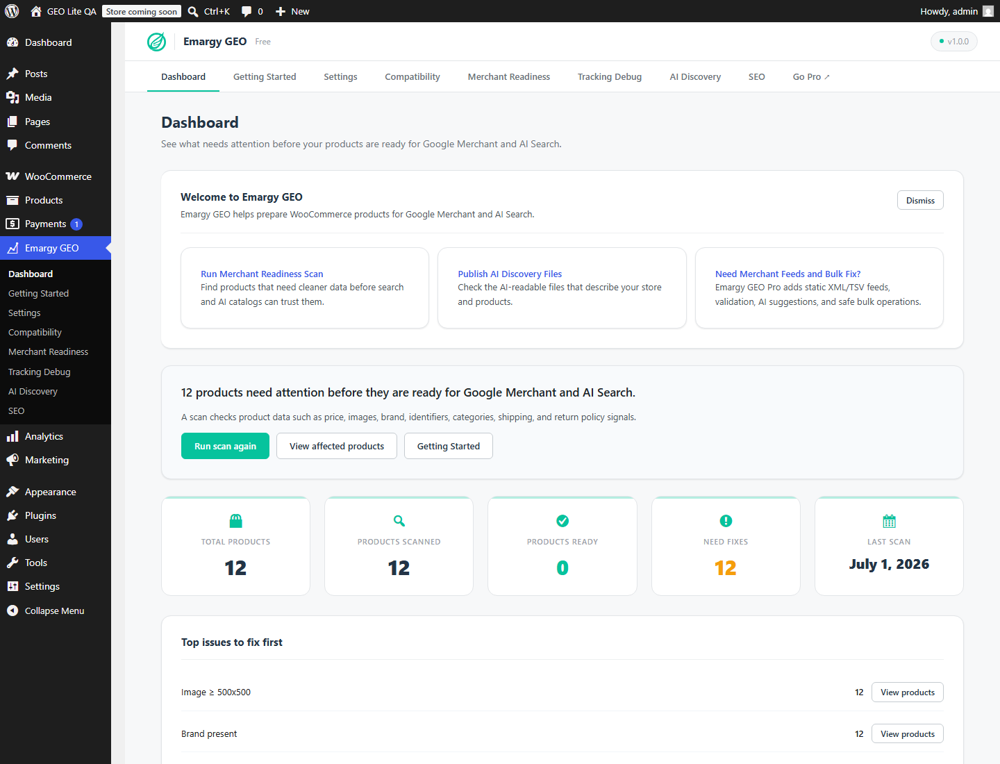 Dashboard summary with catalog readiness and priority issues.