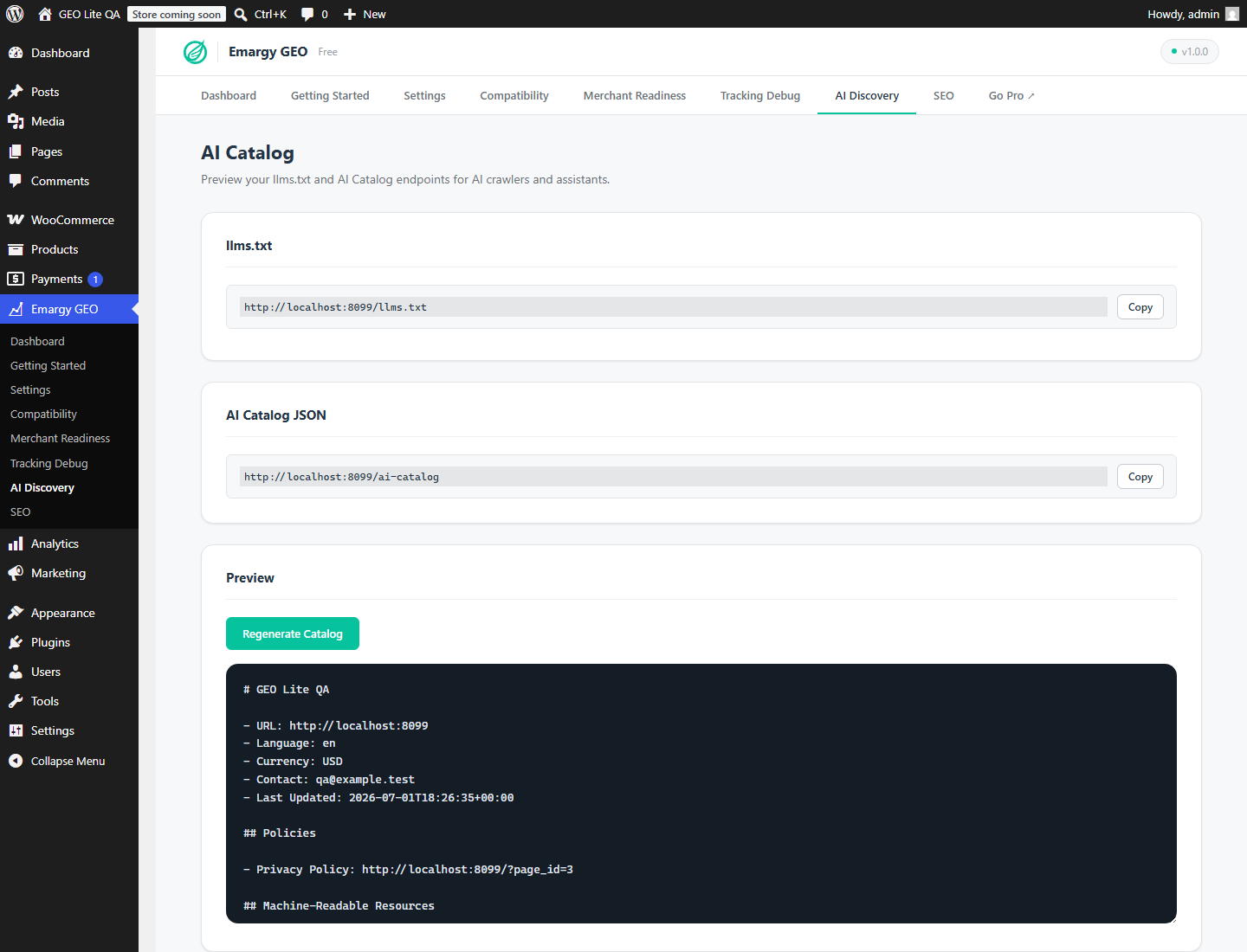 AI Discovery screen for llms.txt and AI Catalog endpoints.