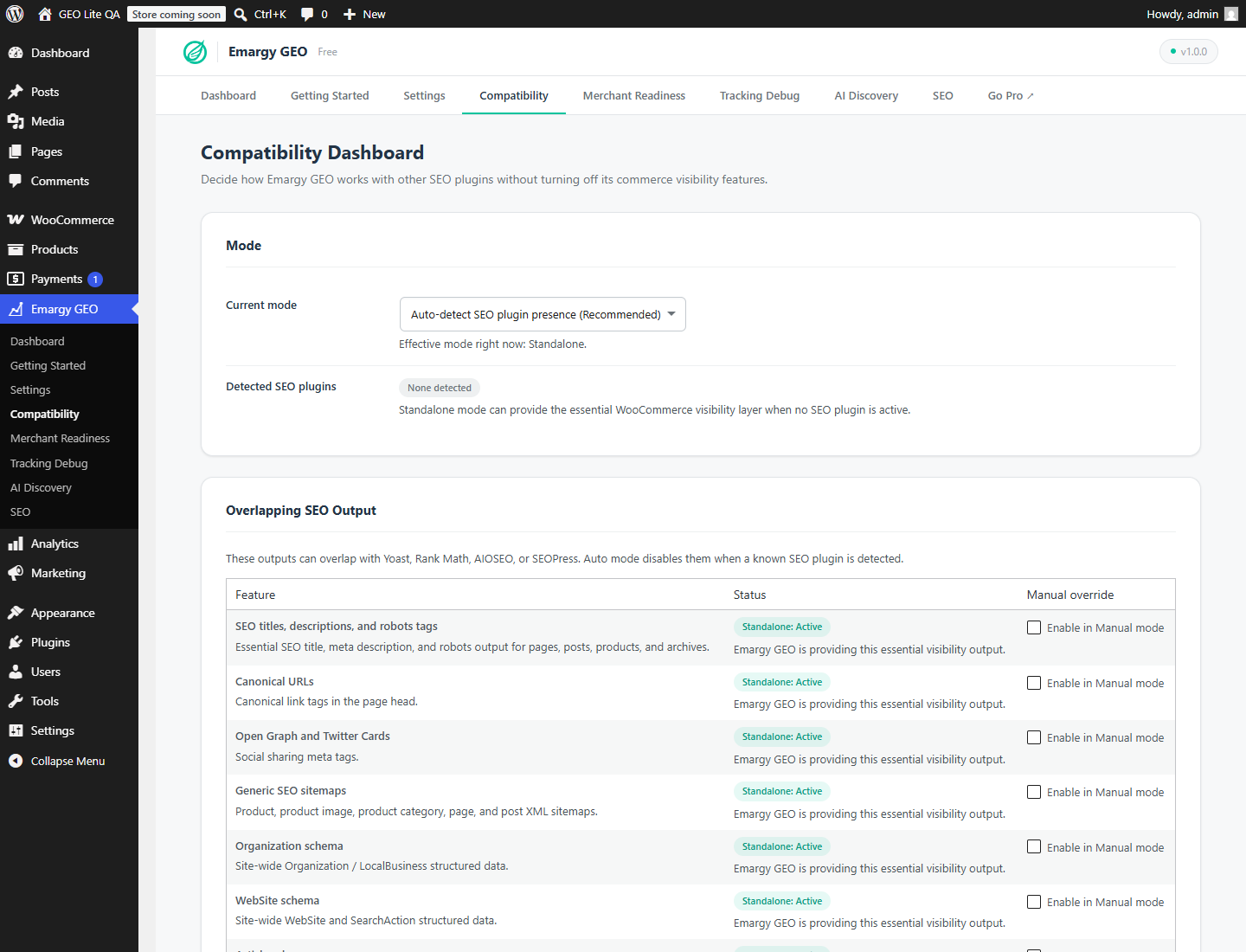 Compatibility dashboard showing how Emargy GEO works with an SEO plugin.