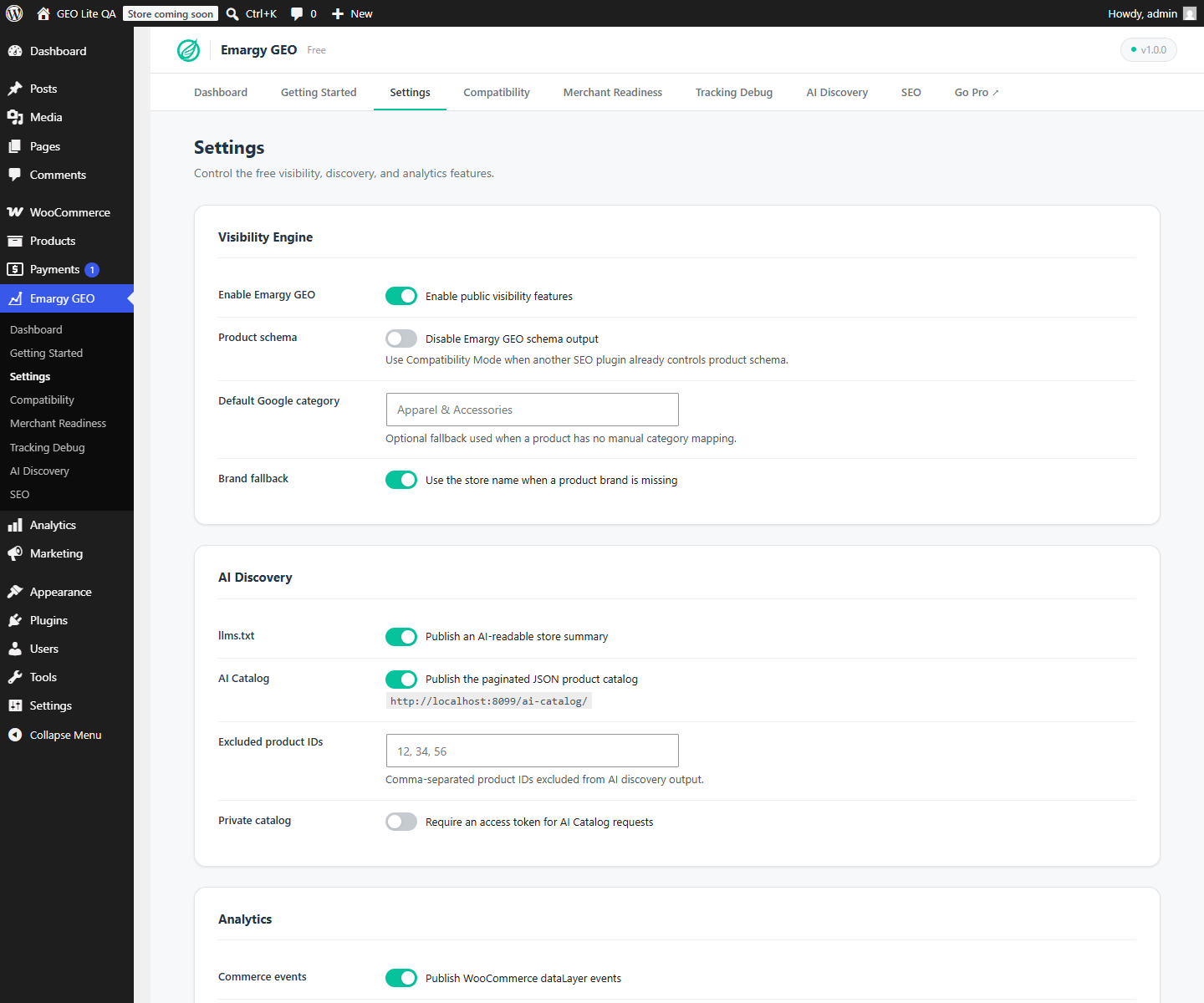 Settings for schema, AI discovery, catalog privacy, and analytics.