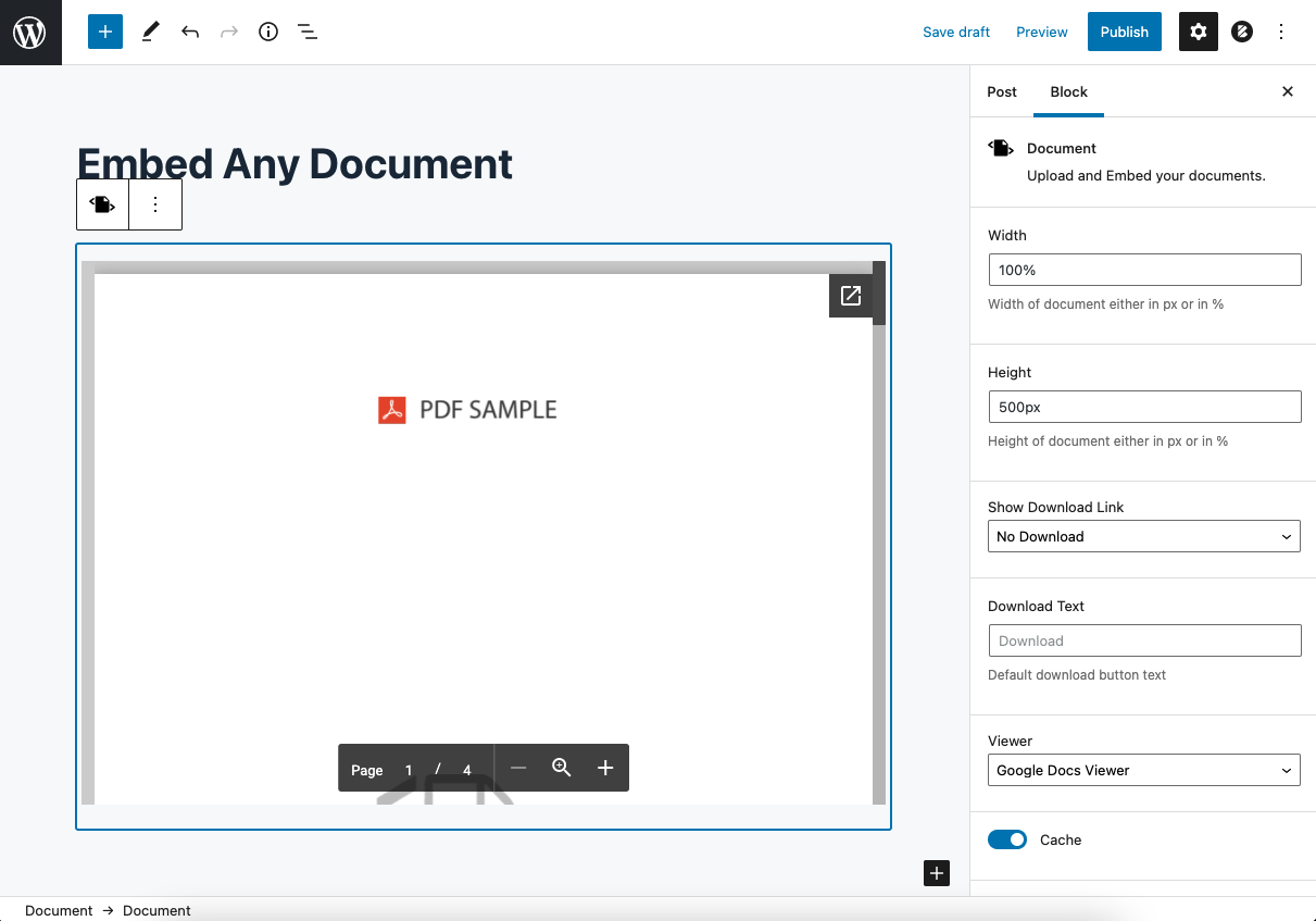 Block editor view and block options
4 ‘Add Document’ button in the Classic Editor