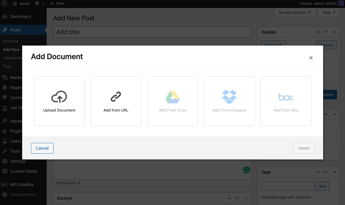 Insert Document options for the Classic Editor