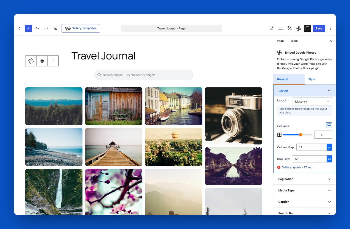 Gallery block settings in the editor sidebar.