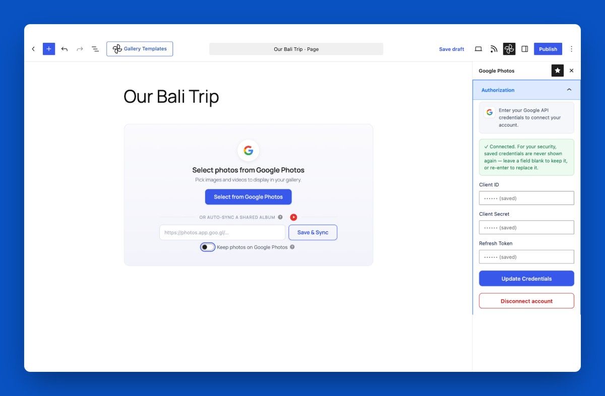Connect Google Photos in the Authorization sidebar, then pick photos or sync a shared album.