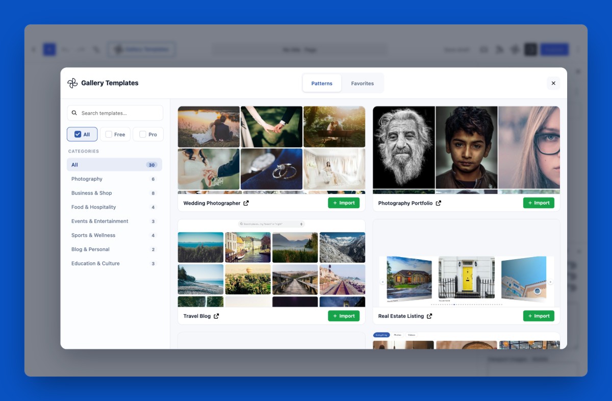 Gallery Templates: import one of 30 ready-made designs in one click (13 free, 17 Pro).