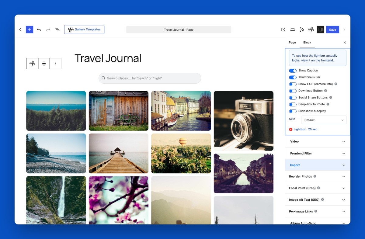 Lightbox settings: captions, thumbnails, download, share buttons and slideshow (EXIF in Pro).