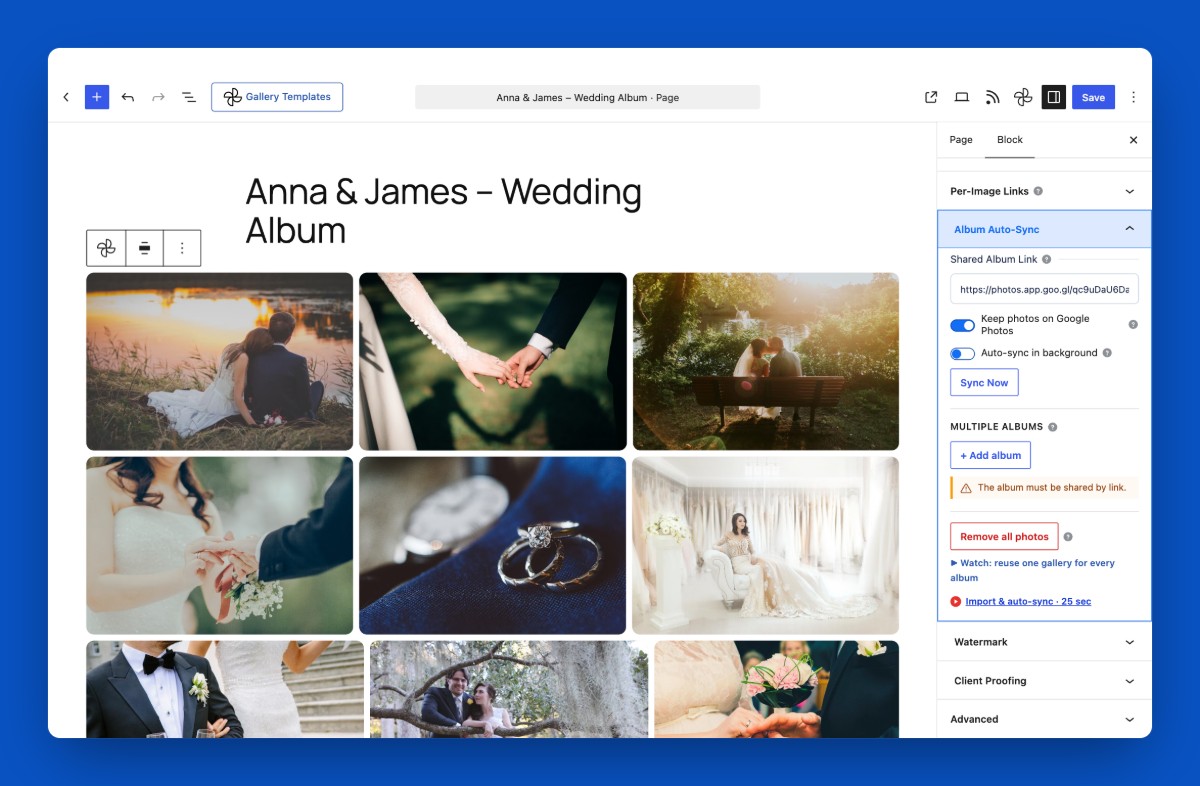 Album Auto-Sync: keep a gallery in sync with a shared Google Photos album (Pro).
